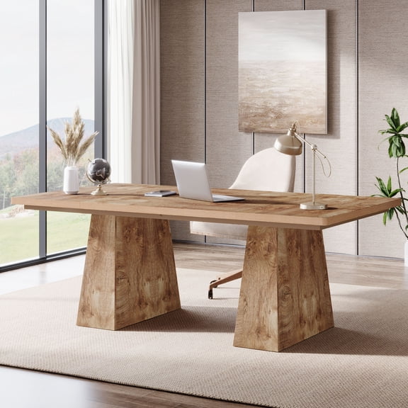 Tribesigns 63" Executive Desk, Modern Office Computer Desk with Double Pedestal, Large Simple Workstations Writing Table Conference Table, Natural