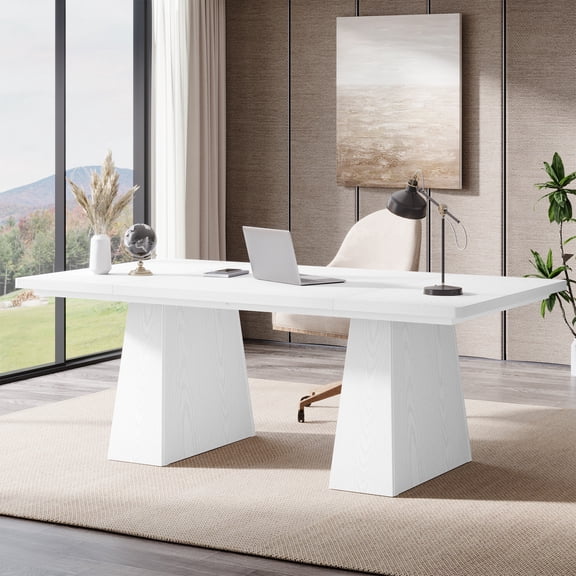 Tribesigns 63" Executive Desk, Modern Office Computer Desk with Double Pedestal, Large Simple Workstations Writing Table Conference Table, White