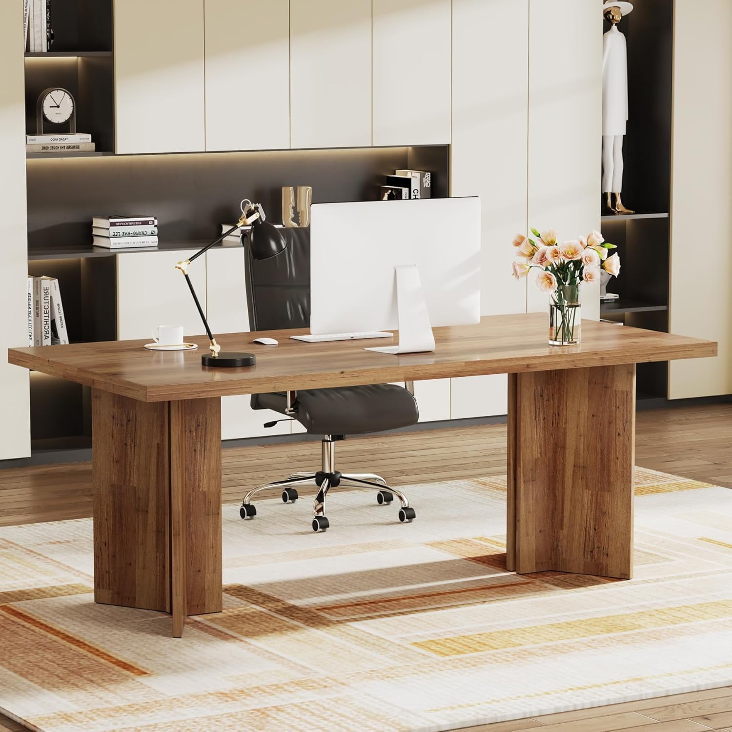 Tribesigns 63" Executive Desk, Vintage Wood Office Computer Desk Workstation for Home Office, Walnut