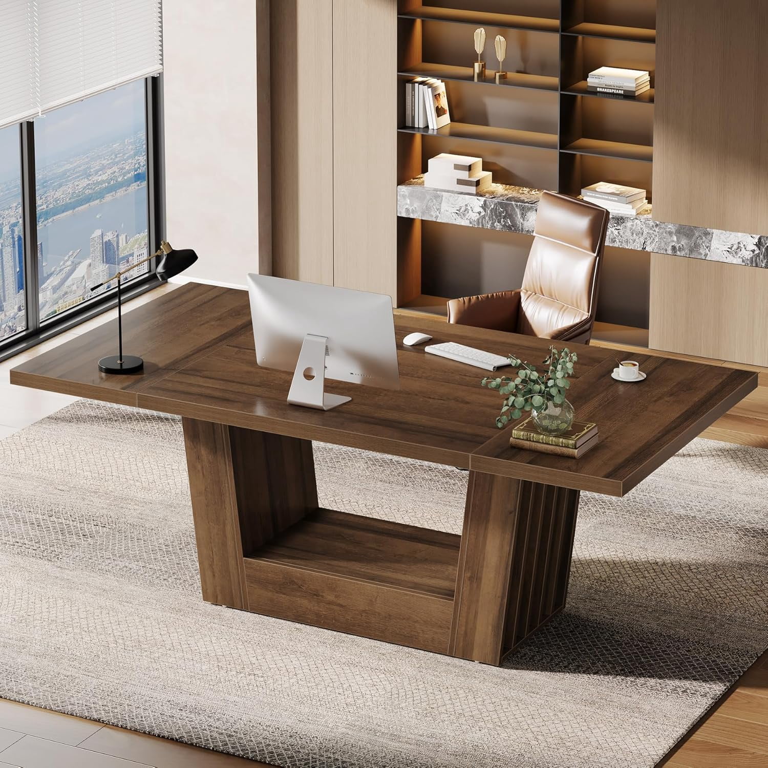 Tribesigns 63" Executive Office Desk, Modern Walnut Brown Home Office Computer Desk with Robust Base
