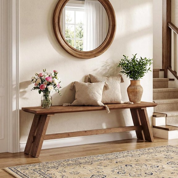 Tribesigns 63" Extra Long Solid Wood Bench, Farmhouse Entryway Bench with Unique Herringbone Pattern