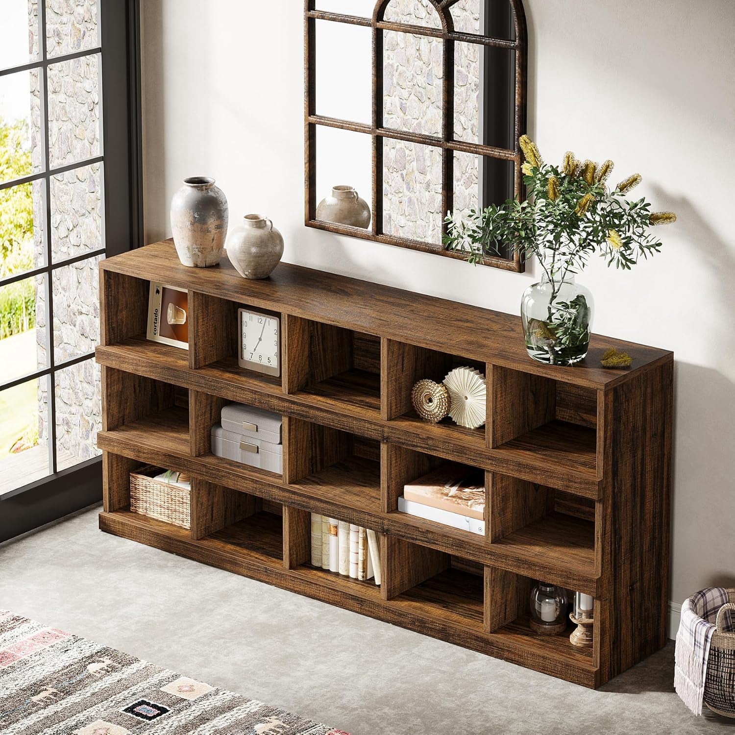 Finmind 63" Farmhouse Console Table, 4-Tier Entryway Table with 15-Cube ...