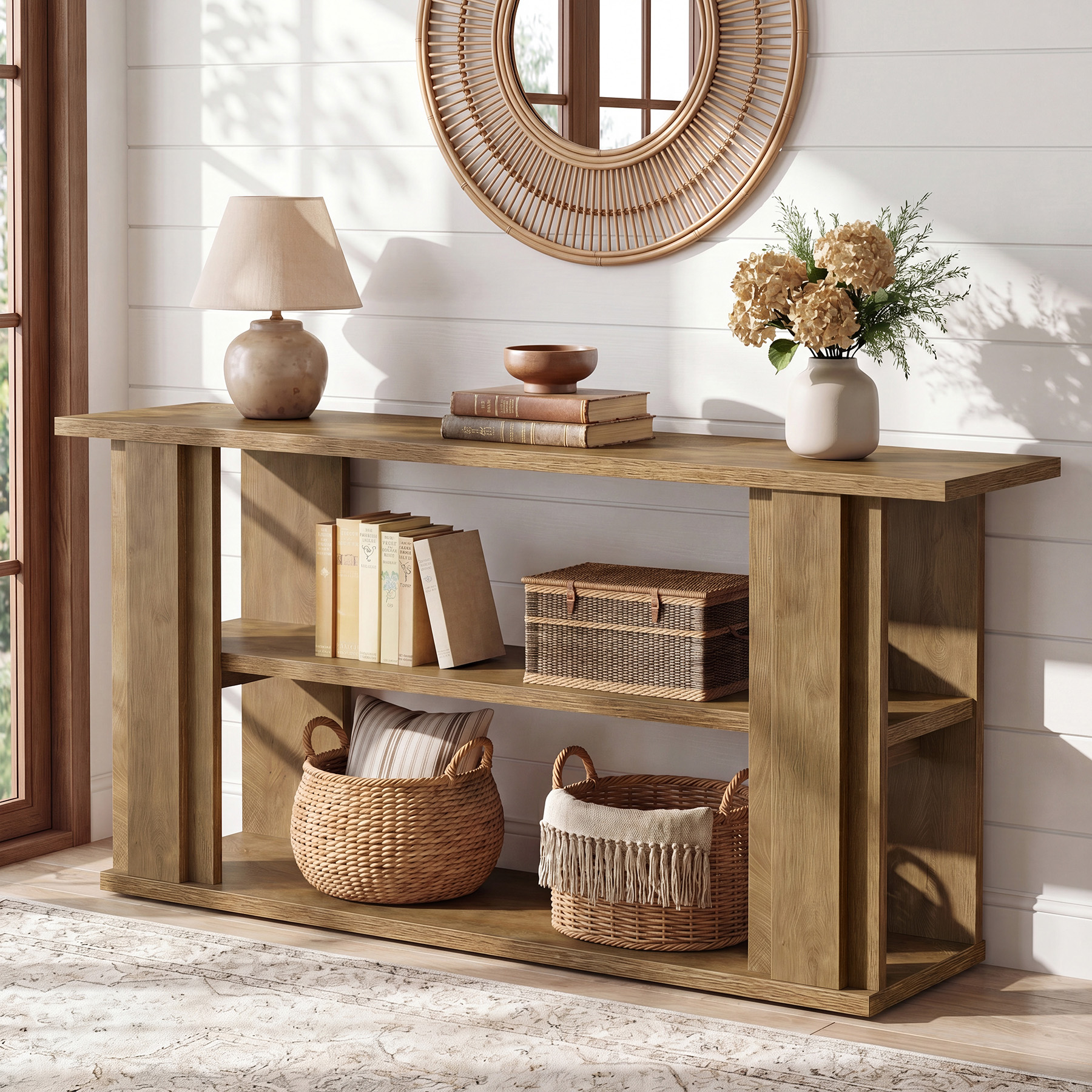 Tribesigns 63" Farmhouse Console Table, Farmhouse Long Entryway Table With 3 Storage Shelves For Living Room, Hallway, Foyer, Oak Brown