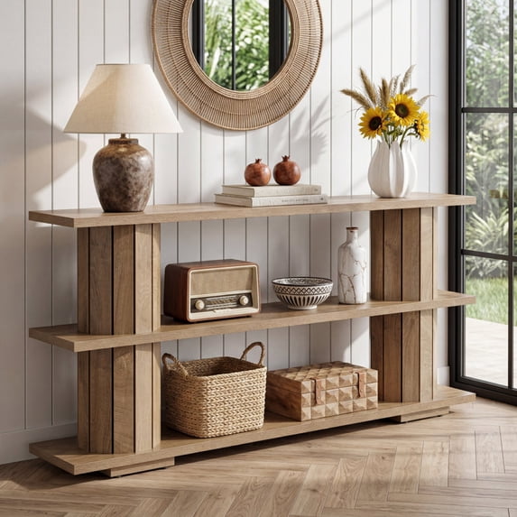 Tribesigns 63" Farmhouse Console Table, Long Sofa Table With 3-Tier Shelves For Living Room, Entryway