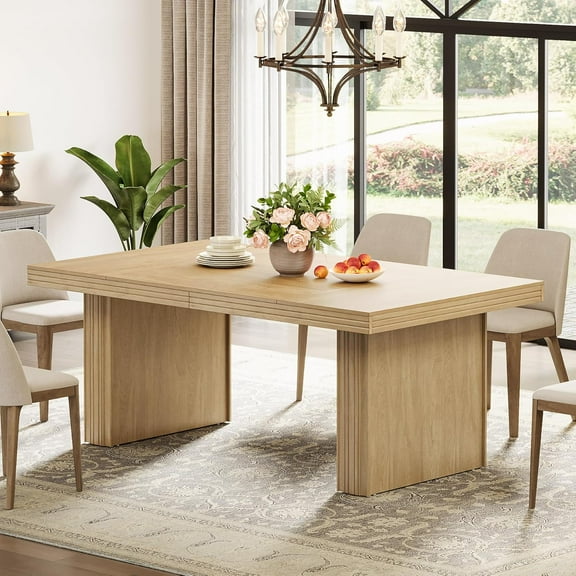 Finmind 63" Farmhouse Dining Table, Spacious Modern Kitchen Table with Fluted Design for Dining Room, Living Room, Natural