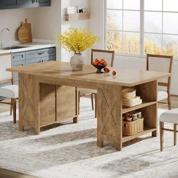 Tribesigns 63" Farmhouse Dining Table with Storage, Rectangular Wooden Dinner Table, Fit for 2-4 People, Rustic Brown