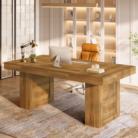 Tribesigns 63" Farmhouse Executive Desk, Large Wooden Computer Desk with Heavy Duty Legs for Working,Meeting,Light Oak