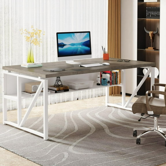 Tribesigns 63-In Computer Desk with Storage Shelf, Home Office Desk Writing Table for Workstation, Steel Leg, Cabinet not Included (Grey & White, 63-inch-with-Shelf)