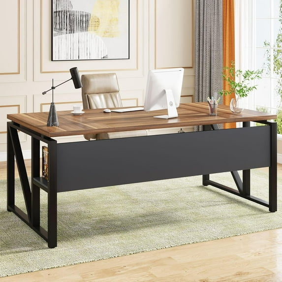 Tribesigns 63-In Computer Desk with Storage Shelf, Home Office Desk Writing Table for Workstation, Steel Leg, Cabinet not Included (Walnut & Black, 63-inch-with-Shelf)