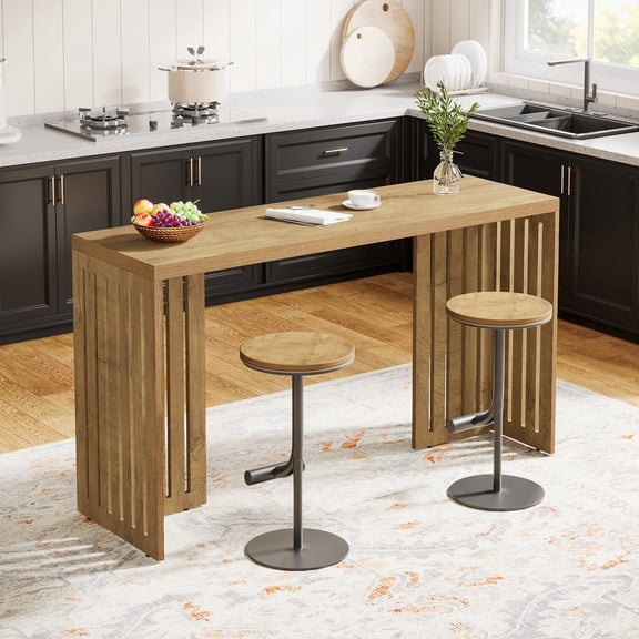 Finmind 63-Inch Bar Table, Natural Brown Counter Height Pub Table with Louvered Base