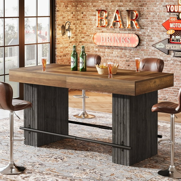 Tribesigns 63-Inch Bar Table, Rectangular Home Bar Unit with Metal Footrest, Rustic Brown & Dark Gray