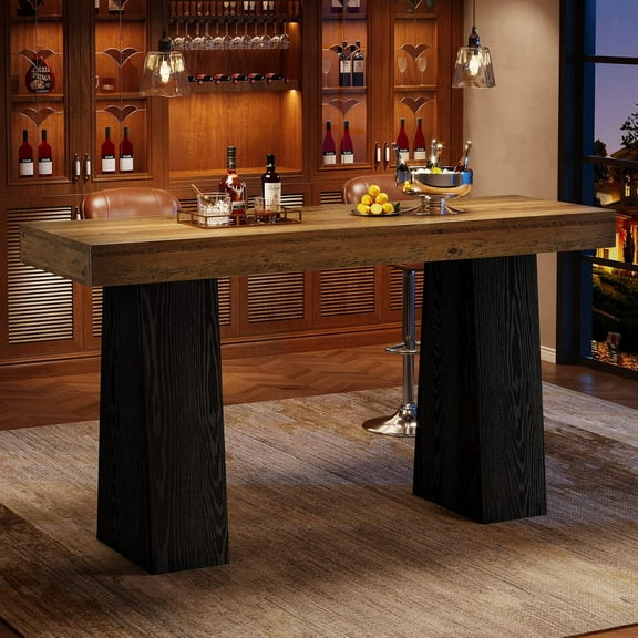 Tribesigns 63-Inch Bar Table, Wood Rustic Counter Height Pub Table for Kitchen, Dining Room, Living Room, Brown & Black