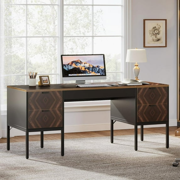 Tribesigns 63-Inch Computer Desk with Drawers, Large Executive Office Desk with 4 Storage Drawers, Modern Simple Desk with Keyboard Tray for Home Office, Brown