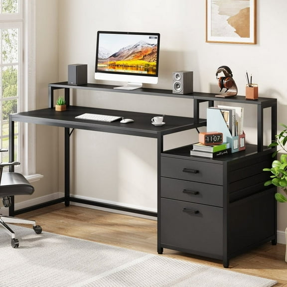 Tribesigns 63 Inch Computer Desk with File Drawer Cabinet, Ergonomic Office Desk with Monitor Stand, Computer Table with Printer Space, Wood PC Table Workstation Desk for Home Office