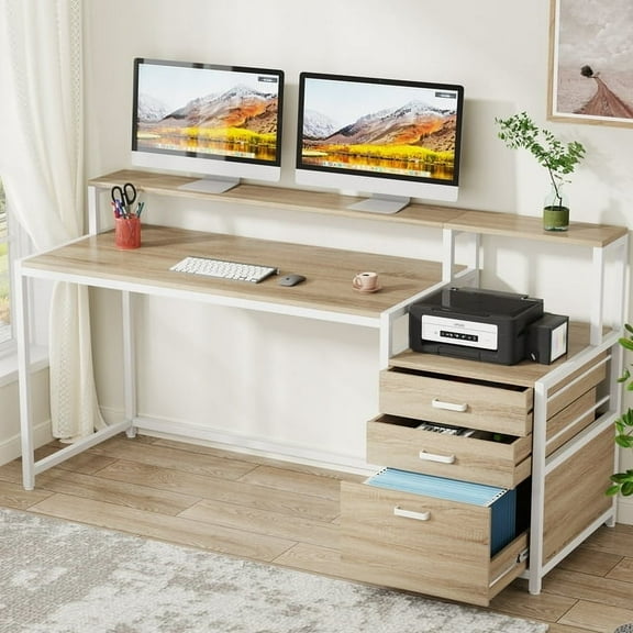 Tribesigns 63 Inch Computer Desk with File Drawer Cabinet, Ergonomic Office Desk with Monitor Stand, Computer Table with Printer Space, Wood PC Table Workstation Desk for Home Office