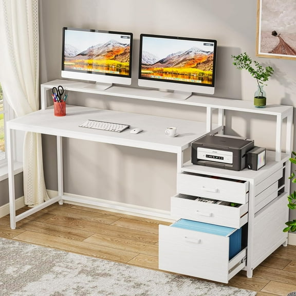 Tribesigns 63 in Ergonomic Monitor Stand Desk with File Drawer and Cabinet, White Wood
