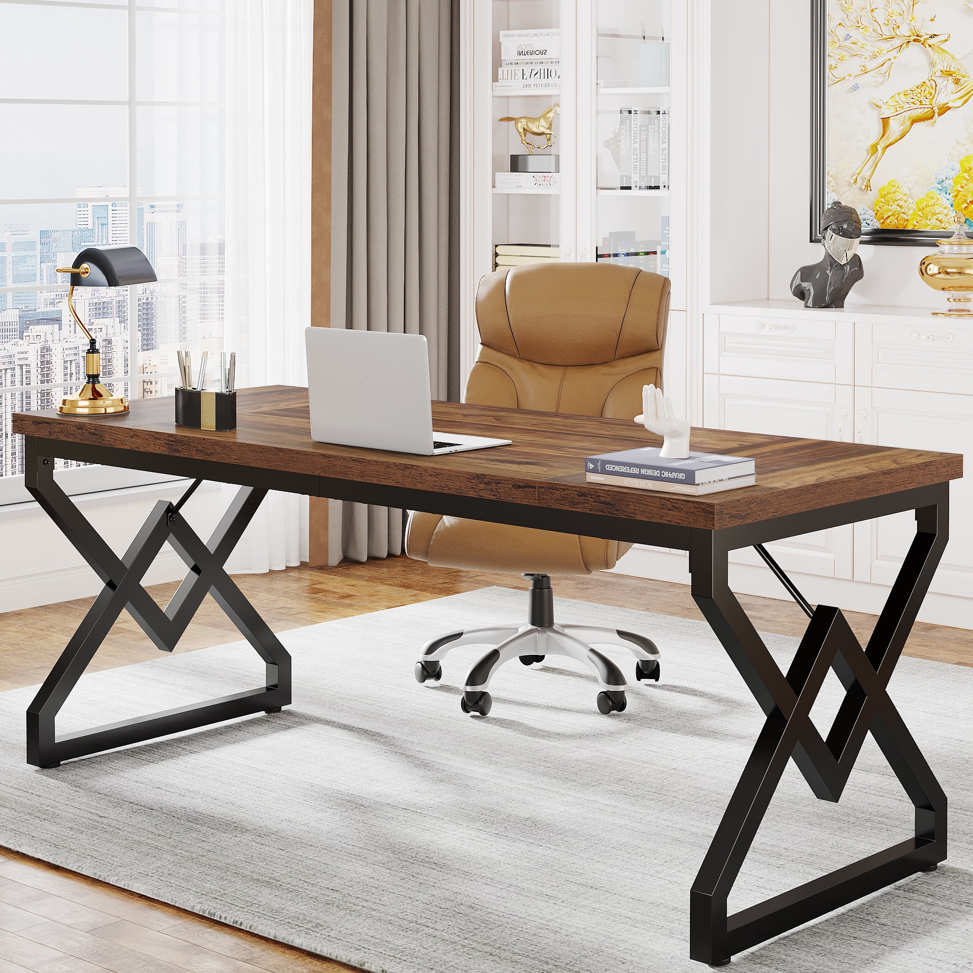 Tribesigns 63 Inch Computer Desk, Large Executive Desk with Thicker Frame, Modern Simple Computer Desk for Home Office, Brown&Black