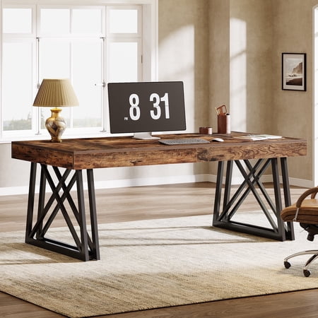 Tribesigns Large Computer Desk, 63-Inch Writing Desk with Sturdy X-Shaped Legs for Home Office, Rustic Brown & Black
