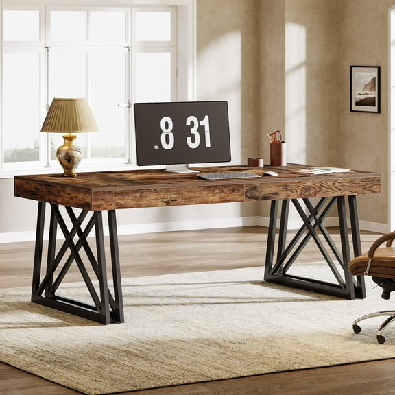 Tribesigns Large Computer Desk, 63-Inch Writing Desk with Sturdy X-Shaped Legs for  Home Office, Rustic Brown & Black