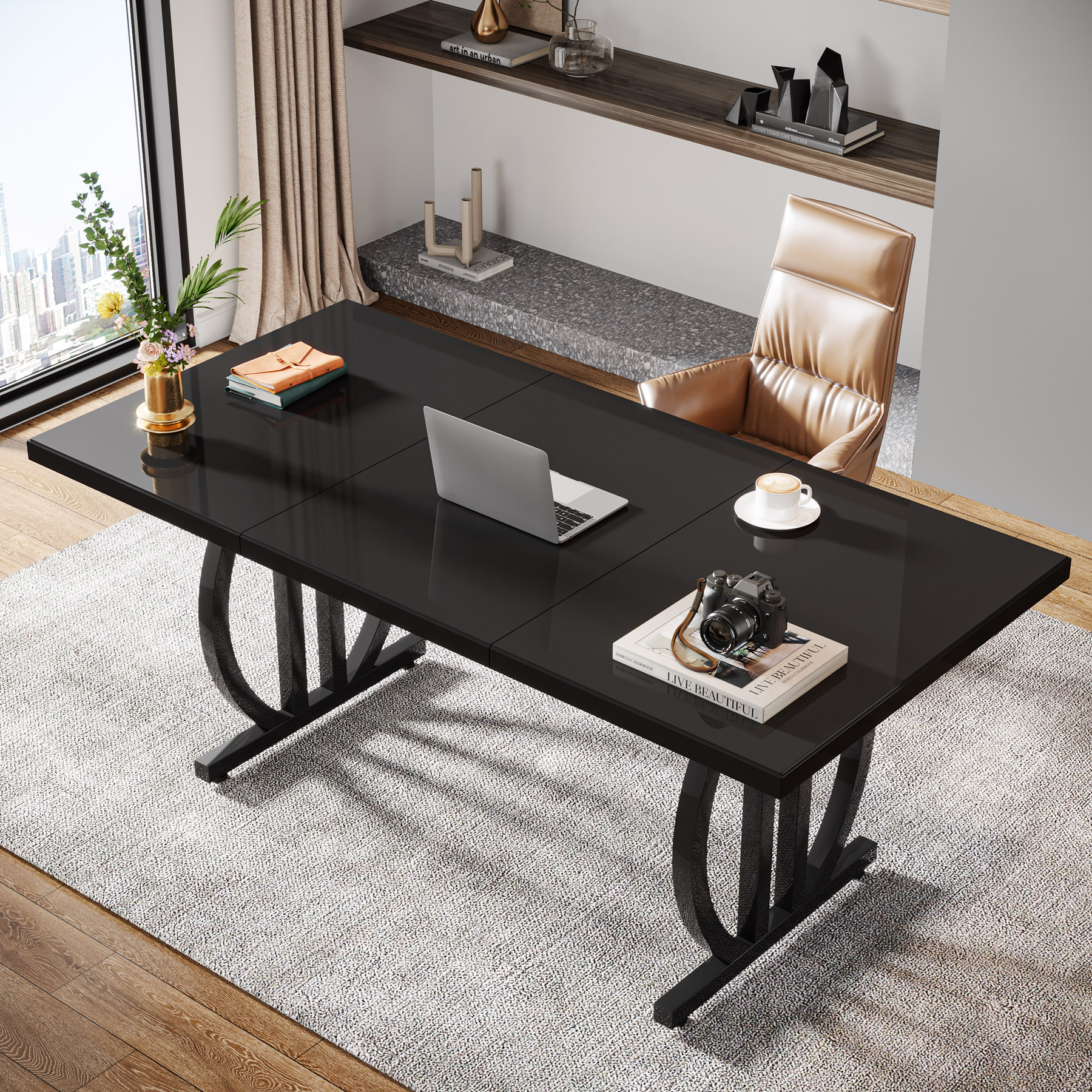 Tribesigns Modern Computer Desk,  63 Inch Rectangular Executive Table with Metal Frame for Home Office, Living Room, Black