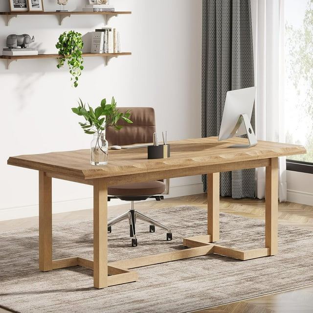 Tribesigns 63-Inch Computer Desk, Rectangular Writing Table with Solid Wood Legs and Thickened Desktop for Home Office