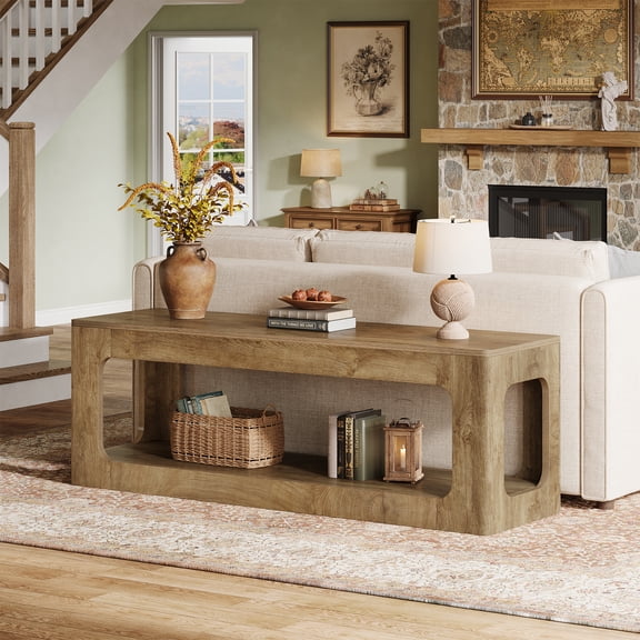 Tribesigns 63-Inch Console Table, 2-Tier Farmhouse Entryway Tables with Circle Design for Living Room, Hallway, Foyer, Brown