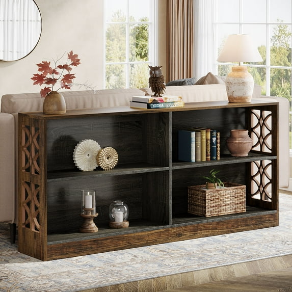 Tribesigns 63-Inch Console Table, 3-Tier Narrow Long Entryway Table with Storage Shelves, Industrial Wood Sofa Table Couch Table for Living Room, Foyer, Hallway, Rustic Brown & Grey