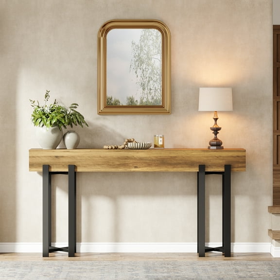 Tribesigns 63-Inch Console Table for Entryway, Industrial Behind Couch Table, Minimalist Sofa Table for Living Room, Rustic Brown Wooden Hallway Foyer Table with Black Metal Frame