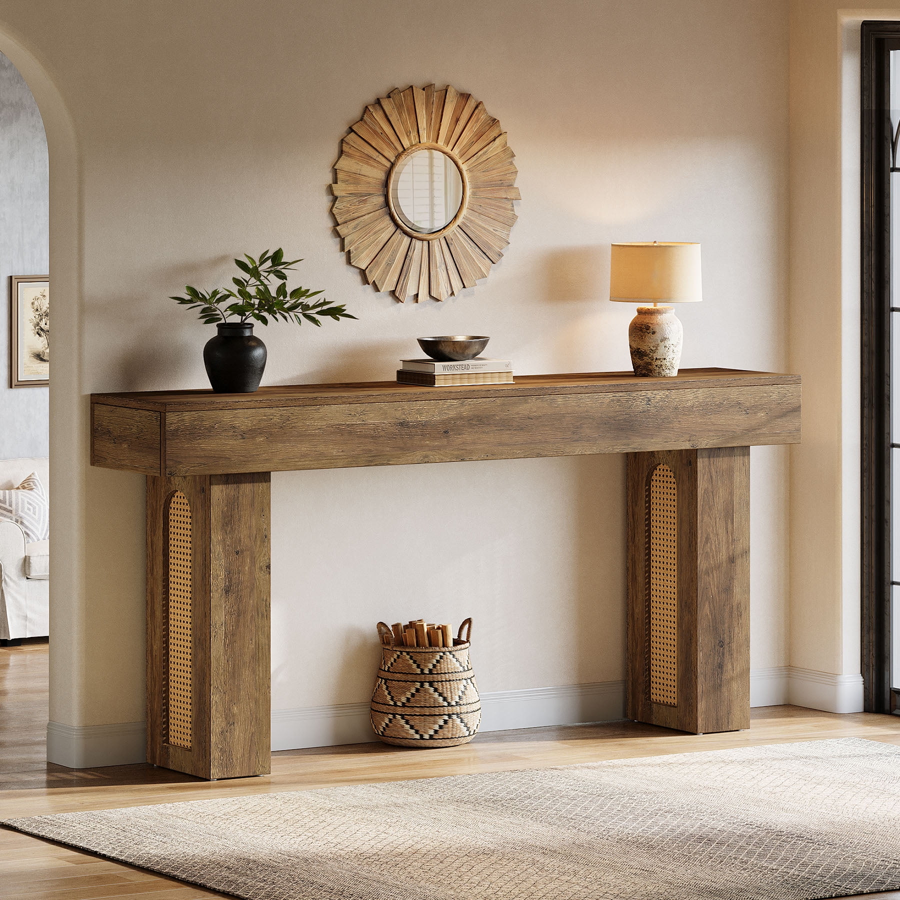 Tribesigns Farmhouse Console Table, 63 Inch Rattan Sofa Table Behind ...