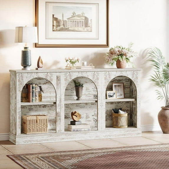 Tribesigns 63 Inch Console Table, Long Farmhouse Entryway Table with 3 Tier Storage for Living Room, Hallway, Distressed White