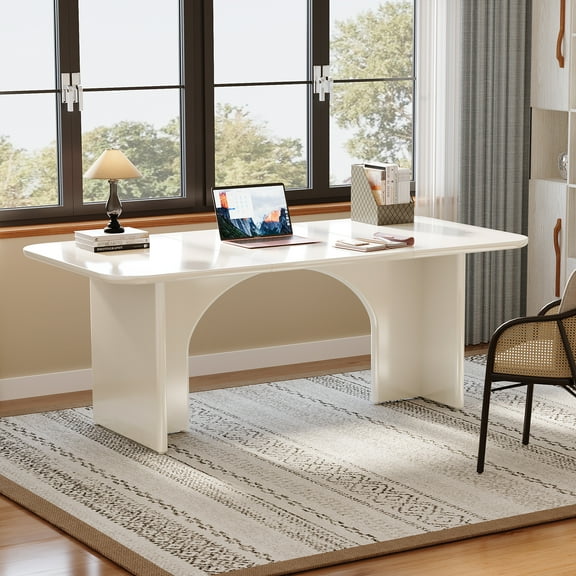 Tribesigns 63 Inch Computer Desk, Modern Large Rectangle Wooden Computer Desk with Arch Design Legs for Living Room, Home Office, Cream White