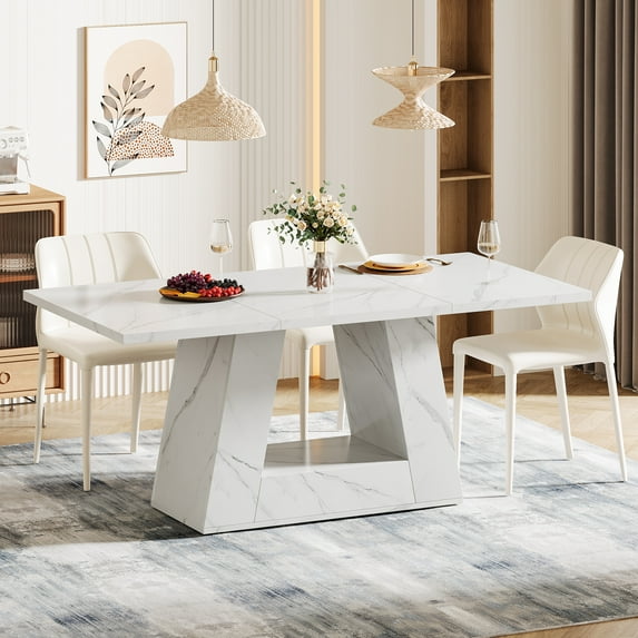 Tribesigns 63-Inch Dining Table for 4 to 6 People, Modern Rectangular Dining Room Table, Wooden Faux Marble Dinner Table with Sturdy Base