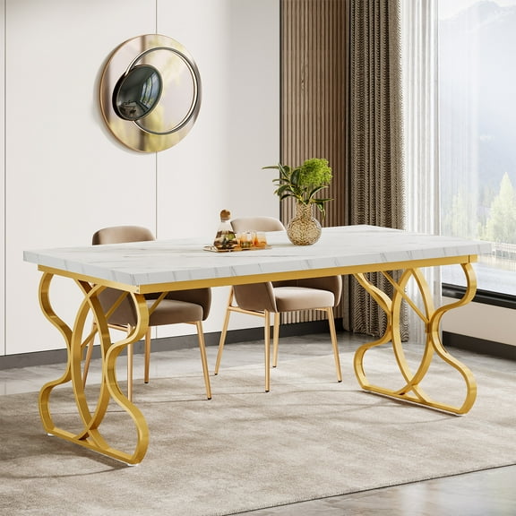 Tribesigns 63-Inch Dining Table for 4-6 People, Modern Kitchen Dinner Table, White Faux Marble and Gold