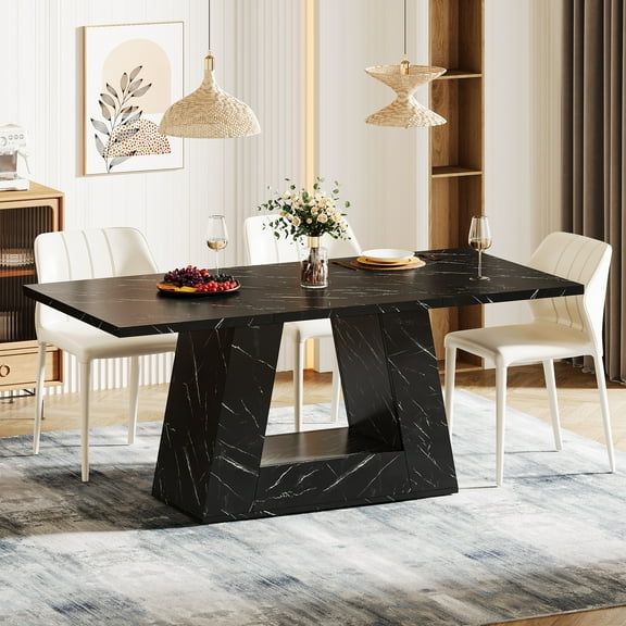 Tribesigns 63-Inch Dining Table for 4 to 6 People, Modern Rectangular Dining Room Table, Wooden Faux Marble Dinner Table with Sturdy Base