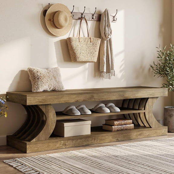 Tribesigns 63-Inch Entryway Bench, 3-Tier Shoe Bench with Open Storage Shelves for Bedroom, Entryway, Hallway, Brown