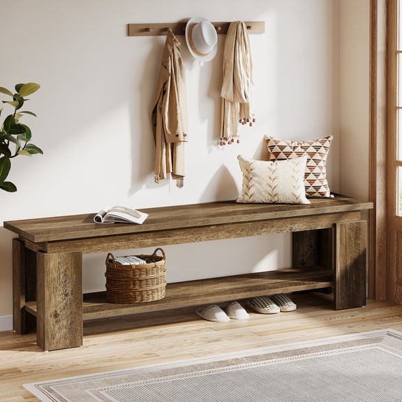 Tribesigns 63 Inch Entryway Bench With Storage Shelf, Farmhouse Wooden Shoe Bench For Hallway, Mudroom, Bedroom