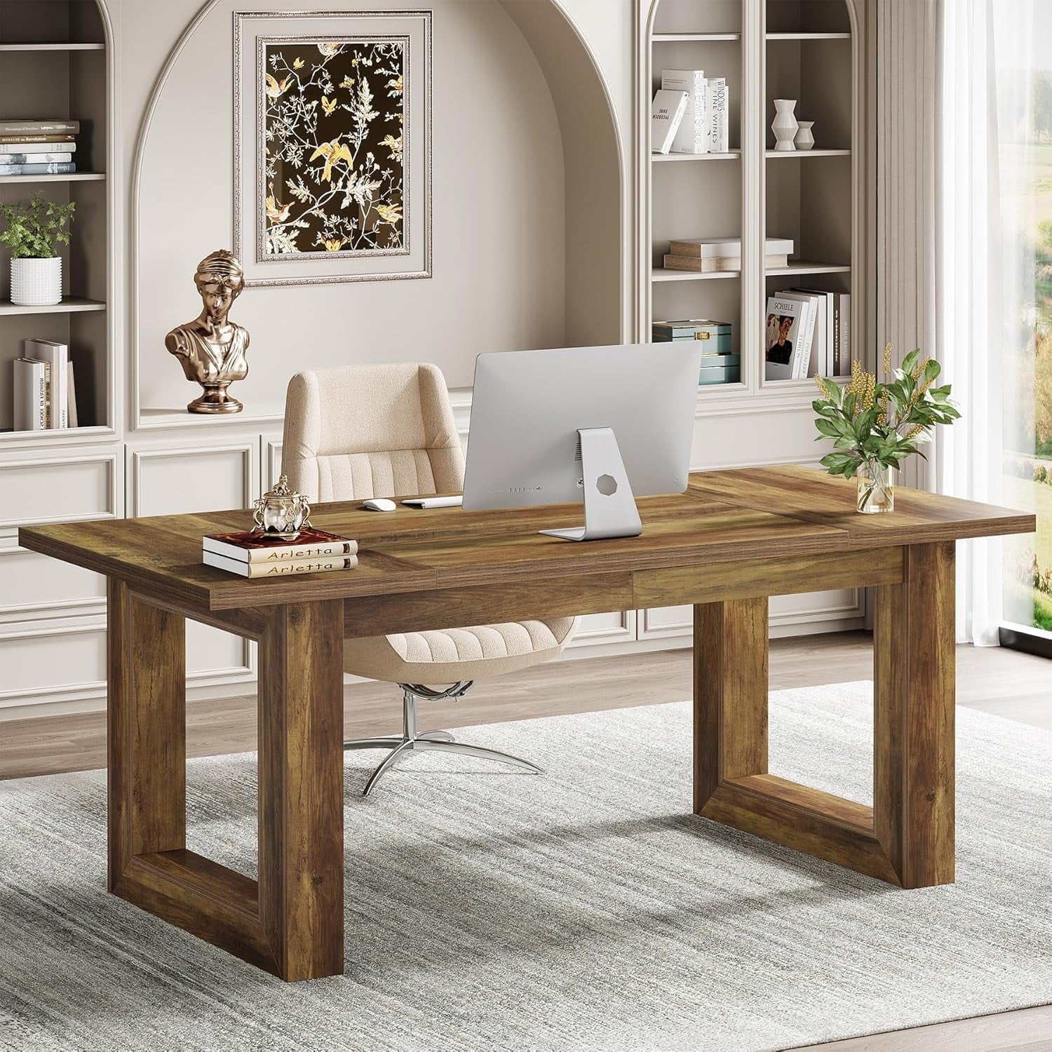 Tribesigns 63-Inch Executive Computer Desk, Large Home Office Desk, Industrial Writing Table with Solid Wooden Base, Workstation Work Desk, Rustic Brown