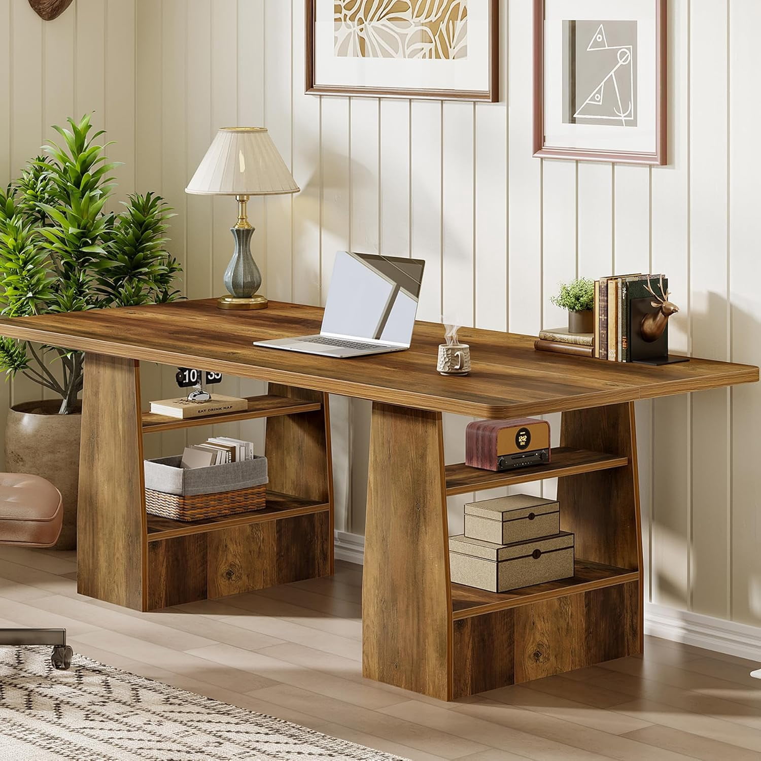 Tribesigns 63 Inch Executive Desk with 5-Tier Shelf, Office Desk with Faux Natural Textured, Large Wooden Computer Writing Table Business Furniture for Home Office