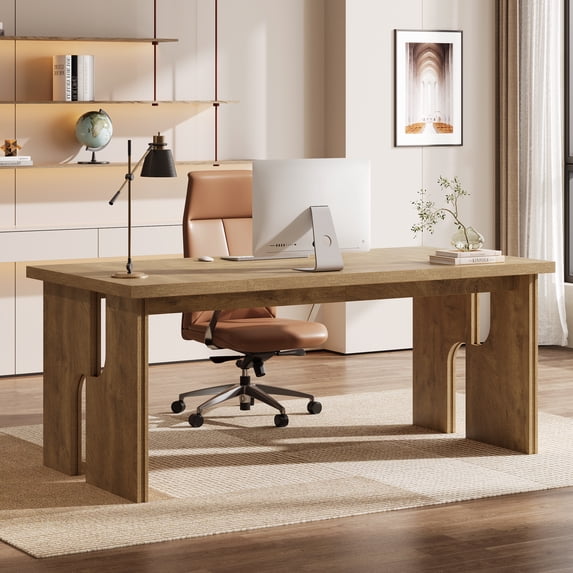 Tribesigns 63-Inch Executive Desk, Farmhouse Office Computer Desk with Unique Legs, Industrial Writing Workstation Business Furniture for Home Office, Light Brown
