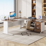 Tribesigns 63 Inch Executive Desk with File Cabinet, L Shaped Computer Desk with Drawers and Storage Shelves, Large Office Desk Business Furniture Desk Workstation for Home Office, Walnut and White