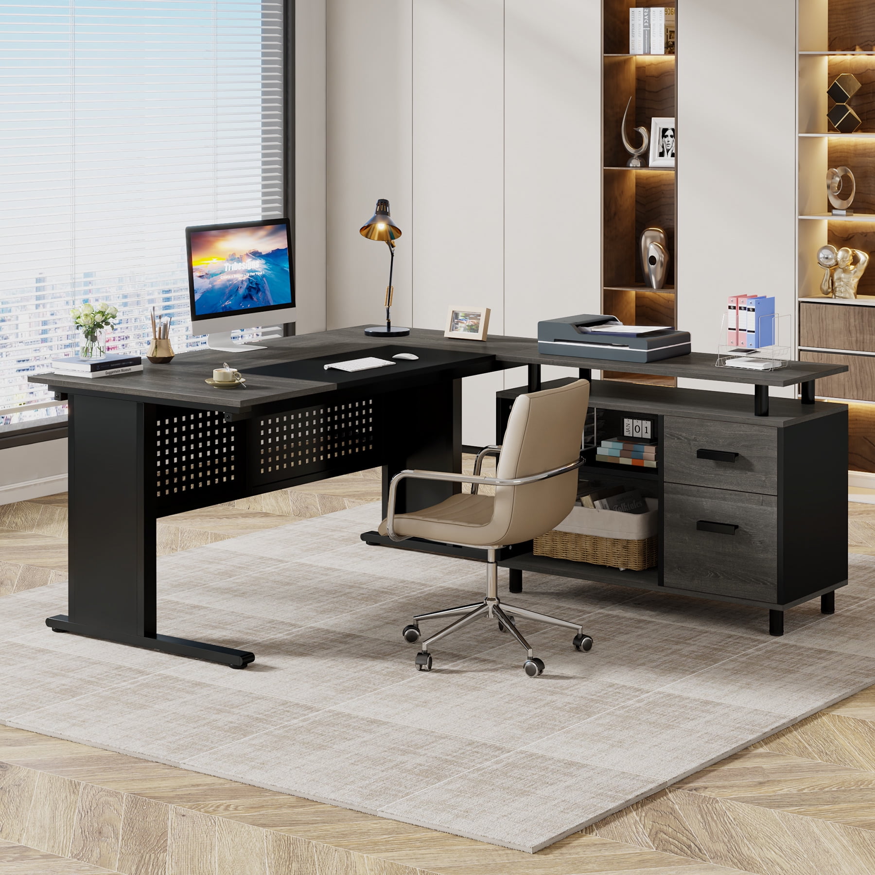 Tribesigns 63 Inch Executive Desk with File Cabinet, L Shaped Computer Desk with Drawers and Storage Shelves, Large Office Desk Business Furniture Desk Workstation for Home Office, Gray and Black
