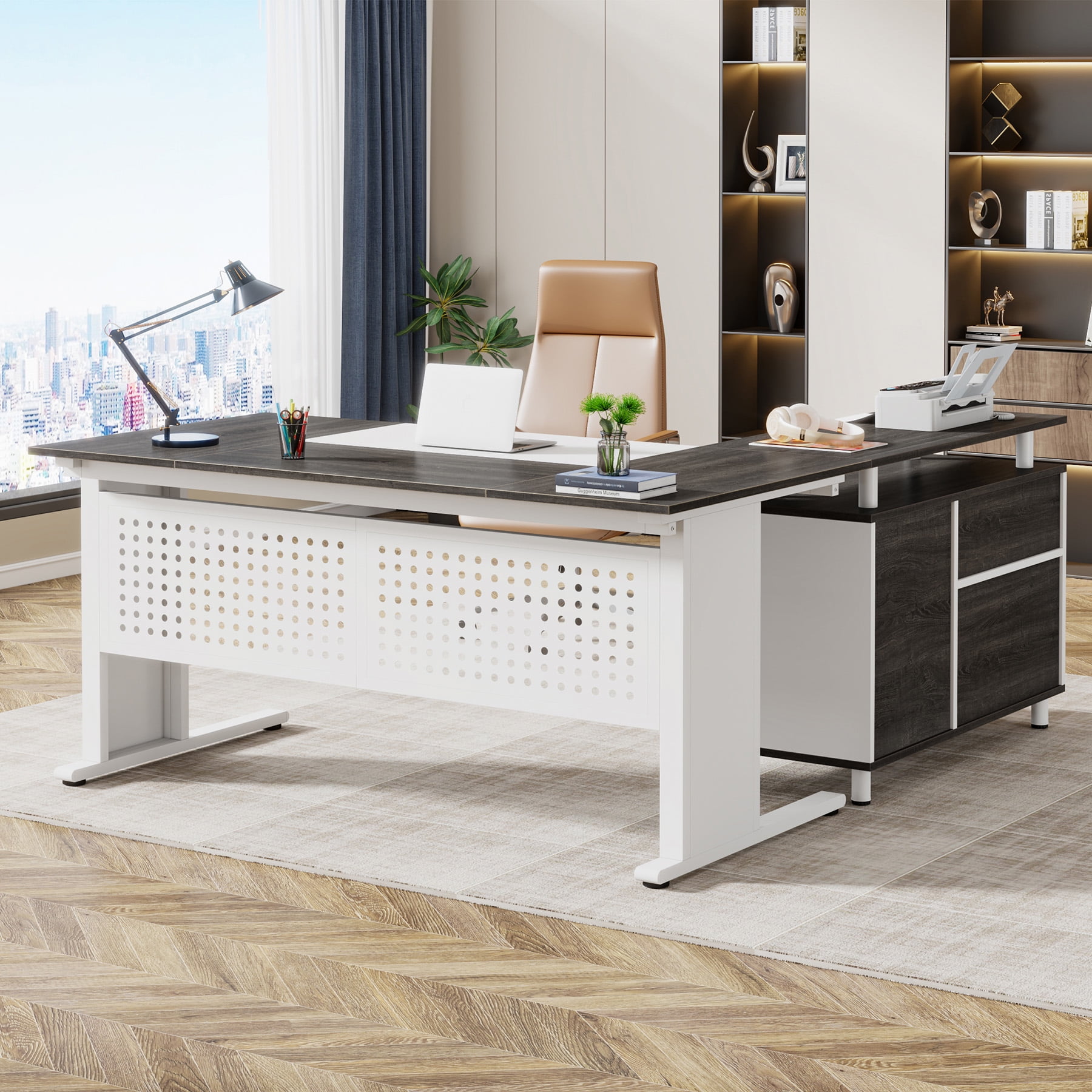 Tribesigns 63 Inch Executive Desk with File Cabinet, Large Office Desk L Shaped Computer Desk with Drawers and Storage Shelves, Business Furniture Desk Workstation for Home Office, Gray and White