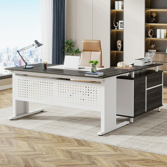 Tribesigns 63 Inch Executive Desk with File Cabinet, Large Office Desk L Shaped Computer Desk with Drawers and Storage Shelves, Business Furniture Desk Workstation for Home Office, Gray and White