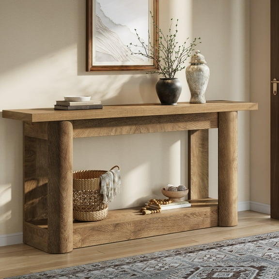 Tribesigns 63-Inch Farmhouse Console Table, Narrow Long Sofa Table Behind the Couch, 2-Tier Storage Entryway Furniture for Hallway, Entrance, Living Room, Light Brown