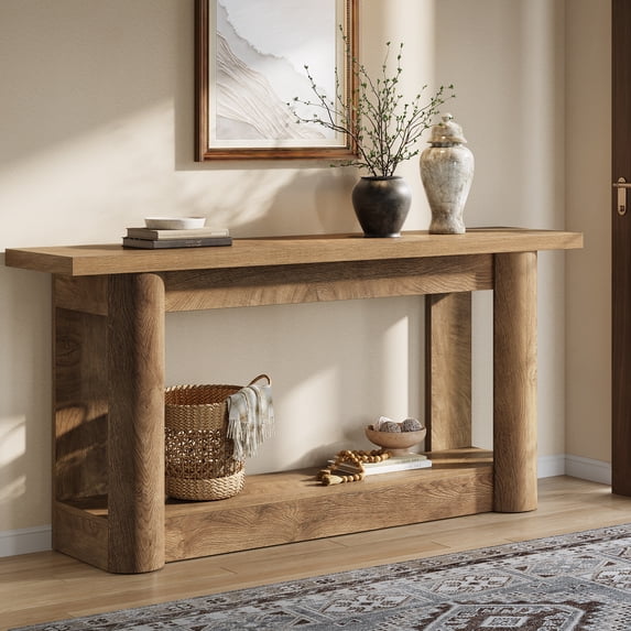 Tribesigns 63-Inch Farmhouse Console Table, Narrow Long Sofa Table Behind the Couch, 2-Tier Storage Entryway Furniture for Hallway, Entrance, Living Room, Light Brown