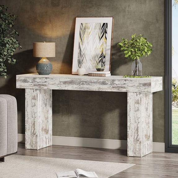 Tribesigns 63-Inch Farmhouse Console Table, Wooden Sofa Table Behind The Couch, Rectangular Entryway Table for Entrance, Hallway, Living Room (Distressed White)