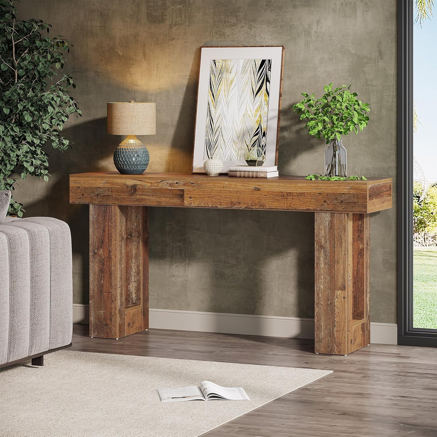 Tribesigns 63-Inch Farmhouse Console Table, Wooden Sofa Table Behind The Couch, Rectangular Entryway Table for Entrance, Hallway, Living Room (Mix Brown)