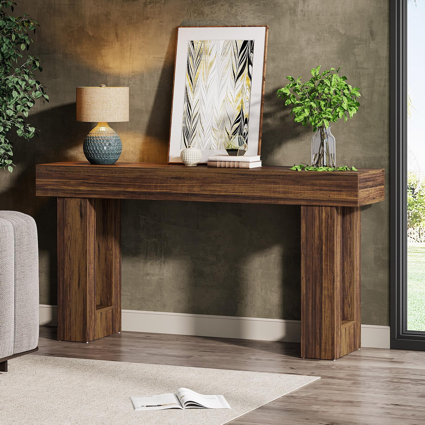 63-Inch Rustic Brown Wooden Console Table with Storage