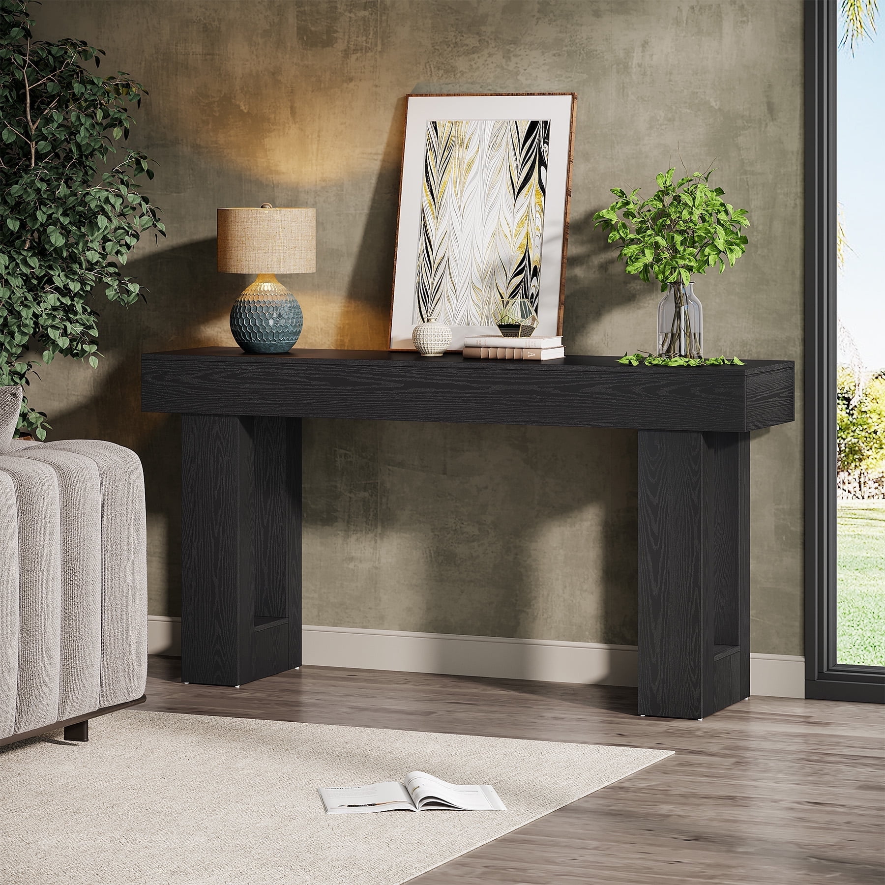 Tribesigns 63-Inch Farmhouse Console Table, Wooden Sofa Table Behind The Couch, Rectangular Entryway Table for Entrance, Hallway, Living Room (Black)