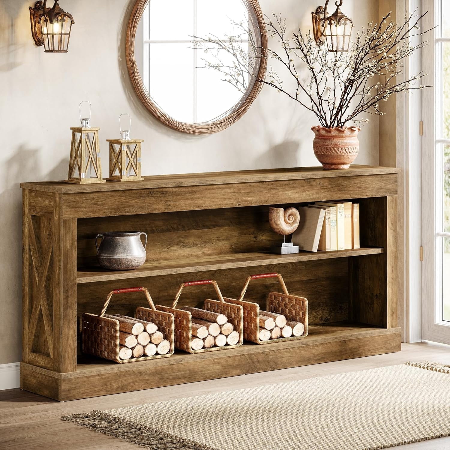 Finmind 63-Inch Farmhouse Console Table with 3-Tier Storage Shelf ...